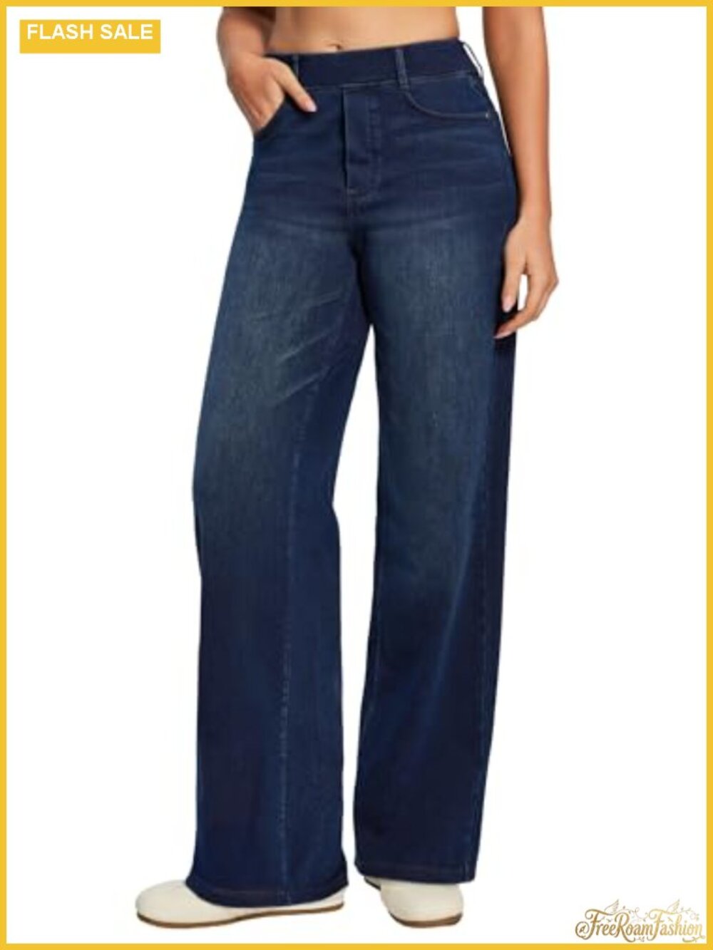 Women's Stretchy Wide Leg Pull On Jeans High Waist Denim Pants